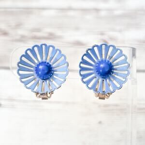 Vintage Clip On Earrings Blue 3D Flower Unusual
